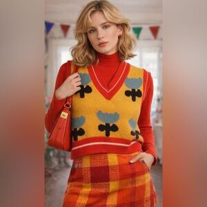 Peppermayo Knit Sweater Vest Floral Tulip Pattern Retro Festival Cottagecore M/L